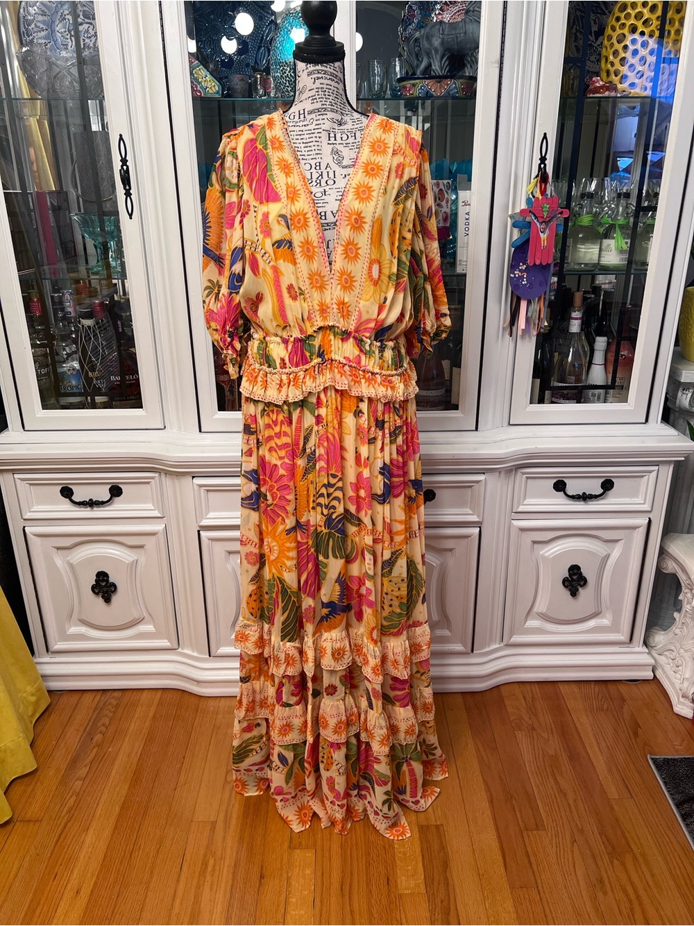 FARM Rio Tapestry Yellow Tropical Print Tiered Maxi dress L